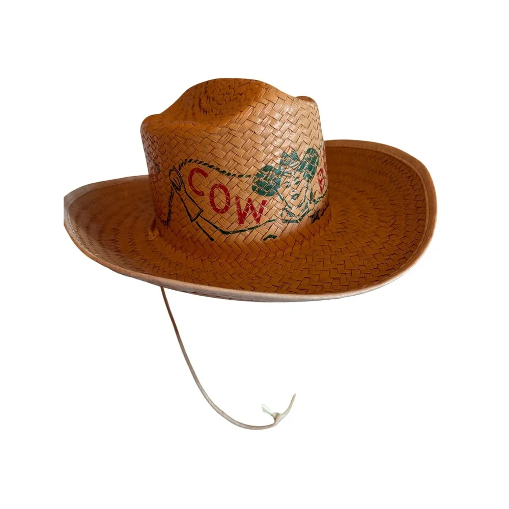 Vintage Cowboy Hat Tan Woven Straw Graphic Print Rodeo Western Chin Strap
